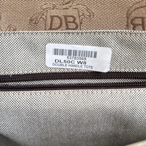 Dooney & Bourke DB Logo Double Handle Tote Brown Fabric Leather Accents